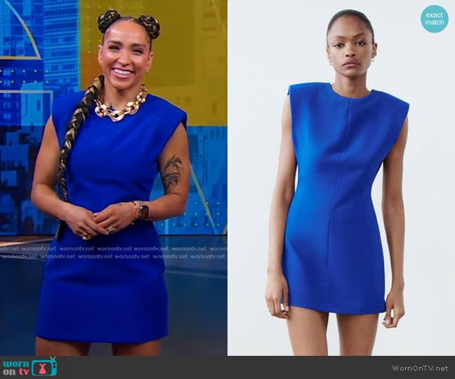 Zara Mini Dress with Shoulder Pads in Cobalt worn by Robin Arzo?n on Good Morning America