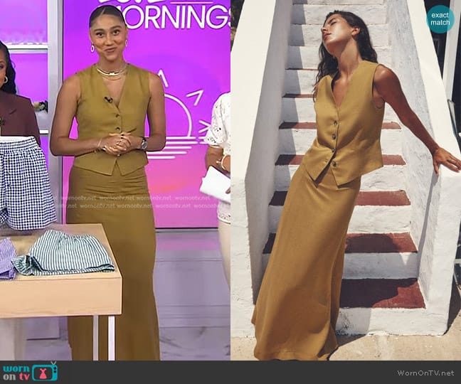 Zara Linen Blend Waistcoat in Olive green worn by Ally Love on Today