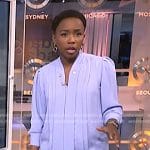 Zinhle’s lavender tie neck blouse and skirt on NBC News Daily