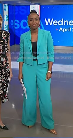 Zinhle’s blue cropped blazer and wide leg pants on NBC News Daily