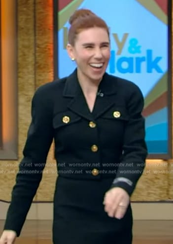 Zosia Mamet’s black jacket and mini skirt on Live with Kelly and Mark