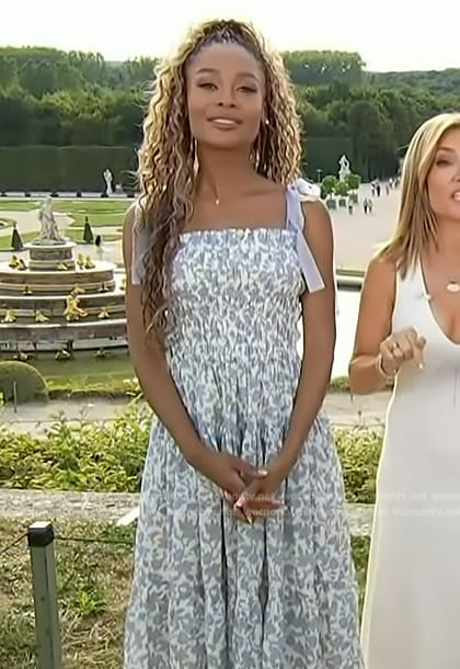 Zuri’s blue floral print tie shoulder dress on Access Hollywood