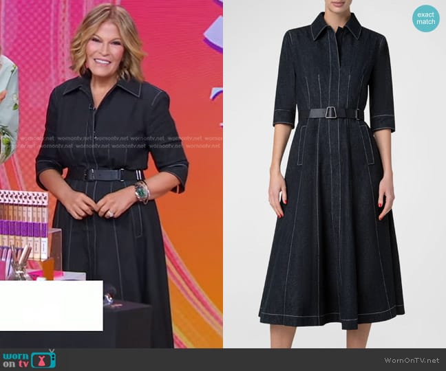 Akris Belted Cotton Denim Midi Dress with Contrast Stitching in Black worn by Tory Johnson on Good Morning America