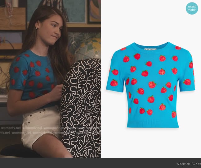 Alice + Olivia Ciara Embroidered Strawberry Cropped Sweater worn by Olivia (Reagan Marum) on Bel-Air