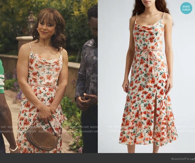 Alice + Olivia Lissa Cowl Neck Godet Midi Dress worn by Penelope (Lenora Crichlow) on Bel-Air