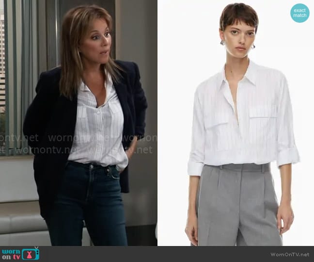 Babaton Utility Shirt in Wd Pnstrp White/Navy worn by Alexis Davis (Nancy Lee Grahn) on General Hospital