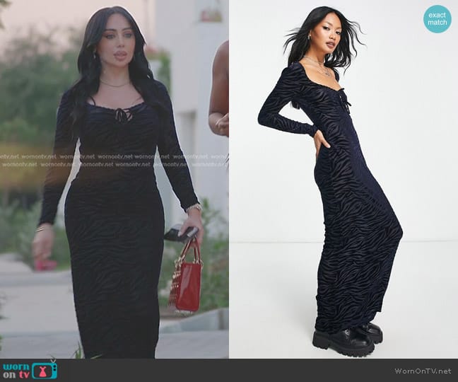 Bershka Zebra Print Mesh Detail Maxi Dress in black worn by (Rania) on The Real Housewives of Dubai