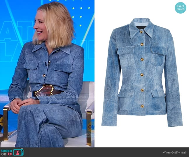 Brandon Maxwell The Gage Tailored Velvet Denim Jacket in Medium wash worn by Cate Blanchett on Good Morning America