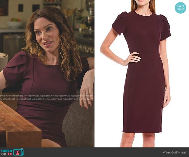 Calvin Klein Short Tulip Sleeve Solid Sheath Stretch Dress in Aubergine worn by Amanda Larusso (Courtney Henggeler) on Cobra Kai