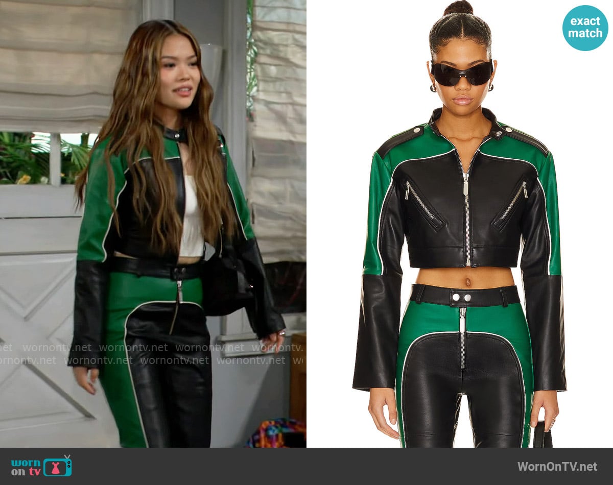 Camila Coelho Cropped Moto Biker Leather Jacket worn by Luna (Lisa Yamada) on The Bold and the Beautiful