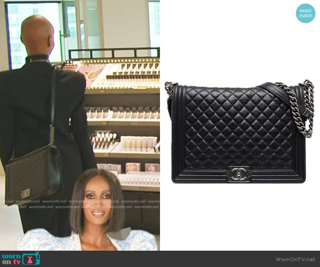 Chanel Extra Large Lambskin Boy Bag in Black/Silver worn by Chanel Ayan (Chanel Ayan) on The Real Housewives of Dubai