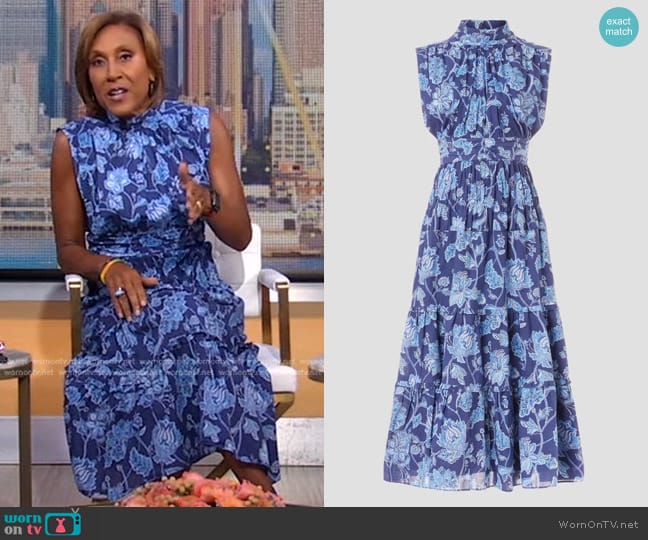 Derek Lam Collective Printed Smocked Midi Dress in Blue worn by Robin Roberts on Good Morning America