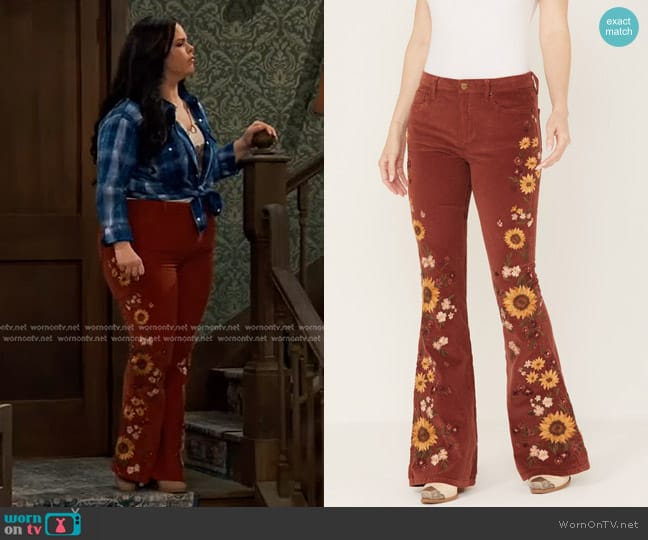 Driftwood Farrah Embroidered Flare Jeans in Rust Copper worn by Lou Hockhauser (Miranda May) on Bunkd