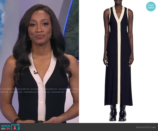 Sandro Gabriella Rib Sleeveless Button Front Maxi Sweater Dress worn by Brittany Bell on Good Morning America