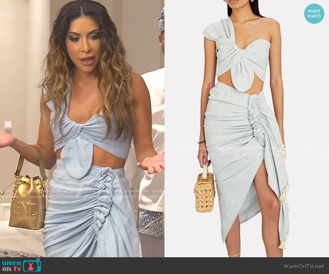 Just Bee Queen Sol Knotted One-Shoulder Crop Top worn by Taleen Marie (Taleen Marie) on The Real Housewives of Dubai
