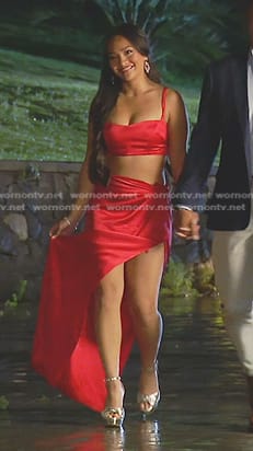 Jenn Tran’s red cropped top and wrap skirt on The Bachelorette
