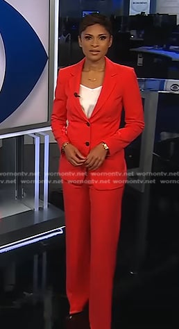 Jericka Duncan’s red blazer and pant suit on CBS Evening News