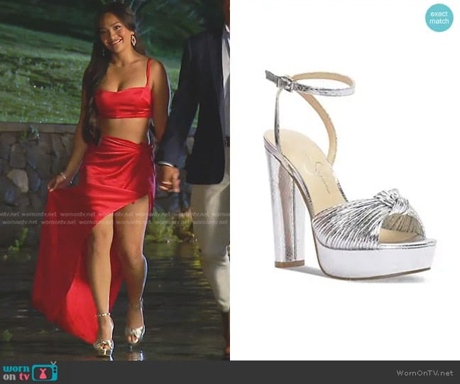 Jessica Simpson Immie Platform Dress Sandals in Silver worn by Jenn Tran on The Bachelorette