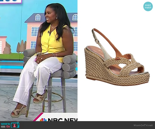 Kate Spade Tahiti Rope Wedge Sandals in Pale Gold worn by Tricia Lee  on Today