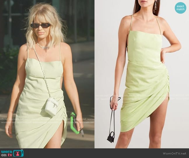 Jacquemus La Robe Saudade Gathered Mini Dress in Light Green worn by Caroline Stanbury (Caroline Stanbury) on The Real Housewives of Dubai