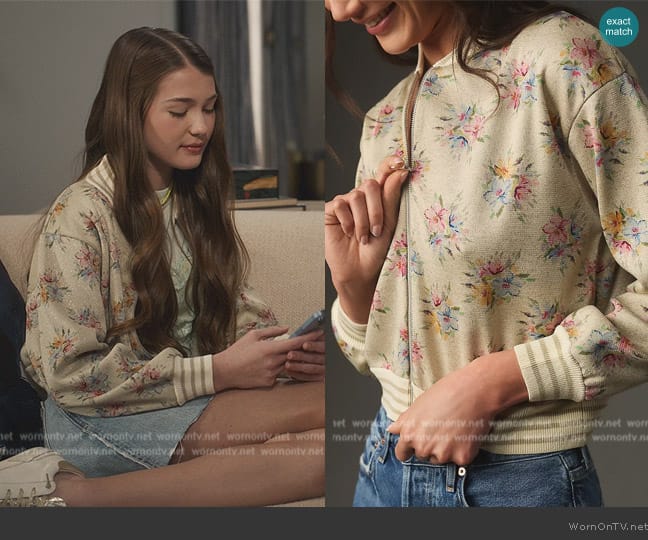 Maeve Lurex Printed Knit Bomber Jacket worn by Olivia (Reagan Marum) on Bel-Air