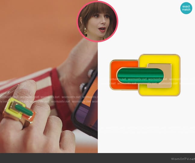 Marc Deloche Art Deco Malachite Ring worn by Emily Cooper (Lily Collins) on Emily in Paris