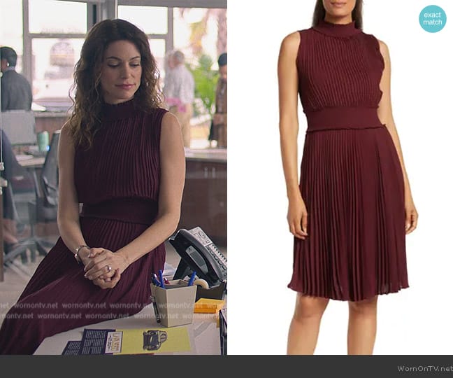 Nanette Lepore Solid Pleated Dress worn by Amanda Larusso (Courtney Henggeler) on Cobra Kai