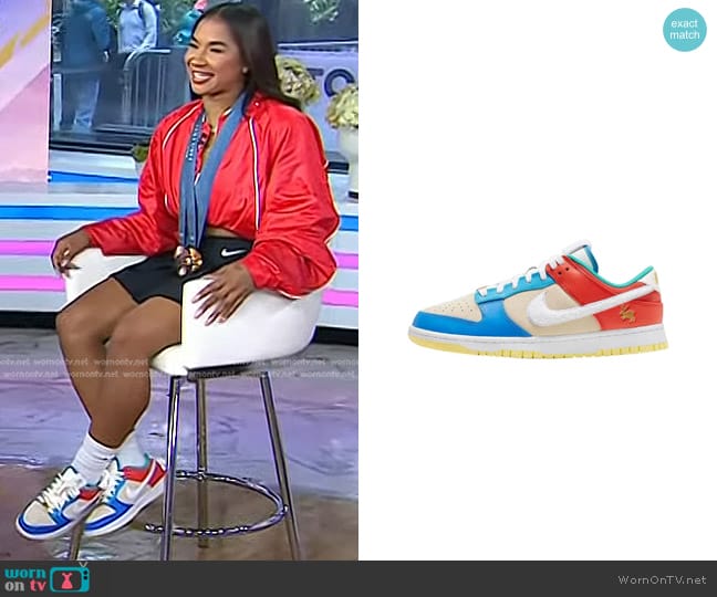 Nike Dunk Low Retro PRM Year of the Rabbit Sneakers in Blue/Orange/Cream worn by Jordan Chiles on Today