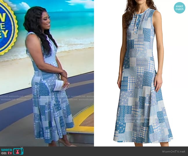 Polo Ralph Lauren Patchwork Sleeveless Knit Midi-Dress in Blue Patch Work Quilt worn by Morgan Norwood on Good Morning America