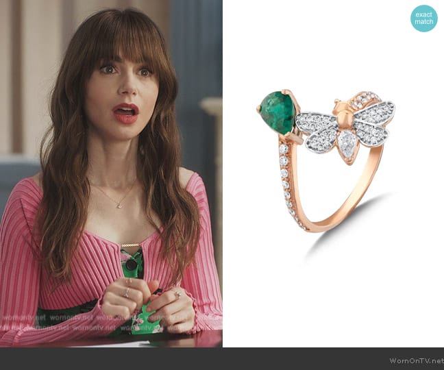 Bee Goddess Queen Bee Melissa Gold Diamond Emerald Ring worn by Emily Cooper (Lily Collins) on Emily in Paris