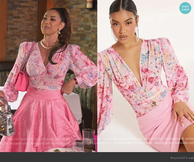Shein Floral Plunging bodysuit worn by Jennifer Aydin on The Real Housewives of New Jersey