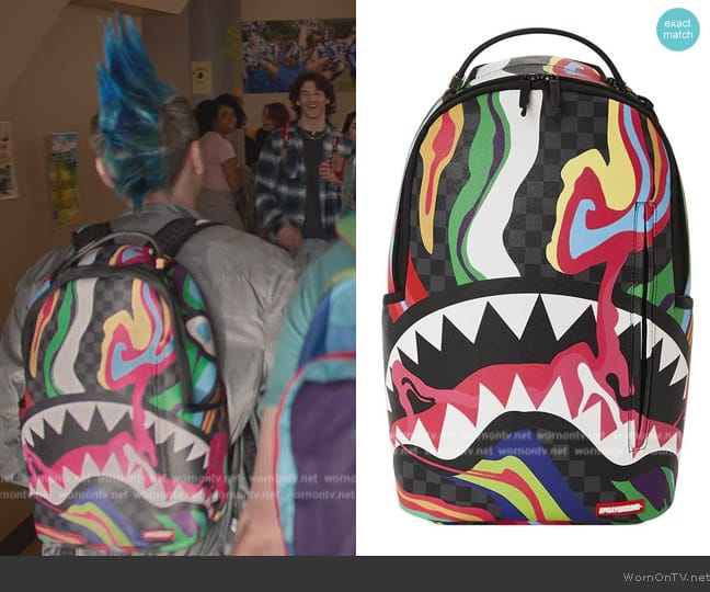 Sprayground Sharks in Paris City Streaks Backpack worn by Eli (Jacob Bertrand) on Cobra Kai