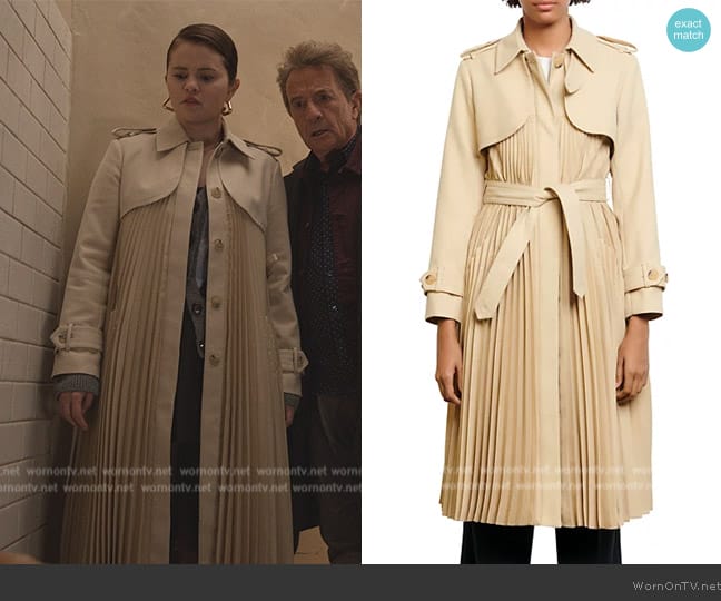 Sandro Vino Pleated Trench Coat worn by Mabel Mora (Selena Gomez) on Only Murders in the Building
