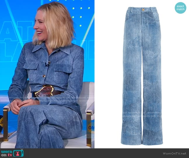 Brandon Maxwell The Reid Velvet Denim Straight-Leg Pants in Medium wash worn by Cate Blanchett on Good Morning America