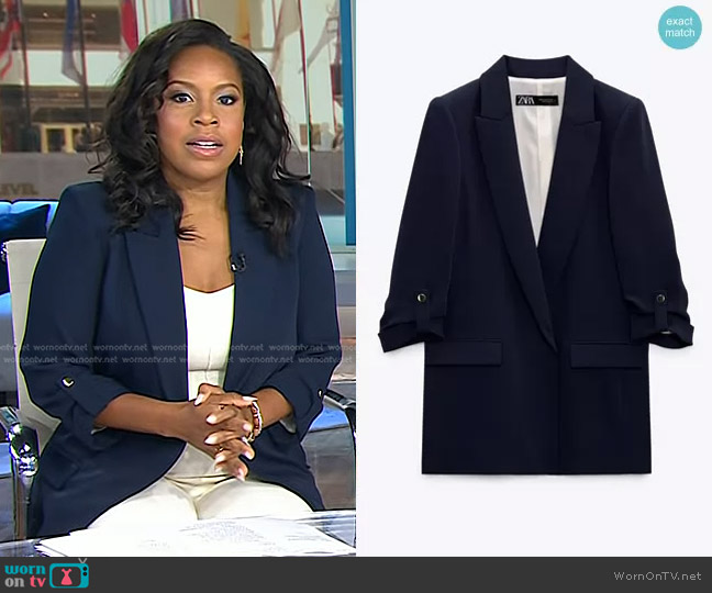 Zara Blazer with Rolled-Up Sleeves in Navy Blue worn by Sheinelle Jones on Today