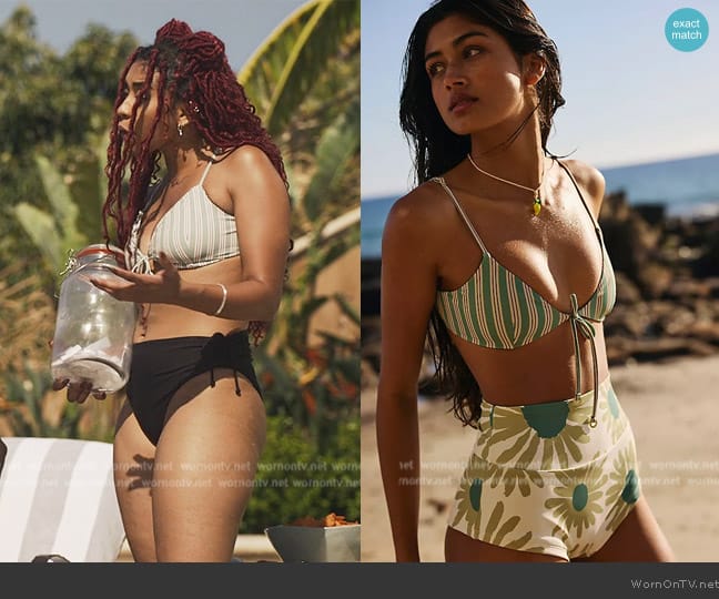 Zulu & Zephyr Myrtle Pinstripe Tie Bikini Top worn by Amiri (Pascual-Peña) on Bel-Air