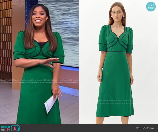 Adelyn Rae Sonia Conrtast Piped Midi Dress in Emerald worn by Morgan Norwood on Good Morning America