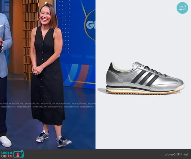 Adidas SL 72 OG Shoes in Silver Metallic / Core Black / Off White worn by Eva Pilgrim on Good Morning America
