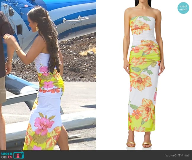 AFRM Marlo Ruched Strapless Dress in Color Block Floral worn by Jenn Tran on The Bachelorette
