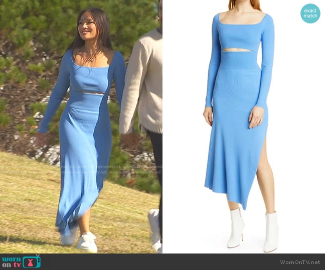 A.L.C. Clara Cut-Out Rib Knit Maxi Dress in Bluestone worn by Jenn Tran on The Bachelorette