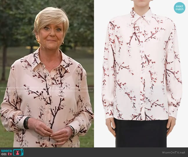 Alexander McQueen Cherry Blossom Silk Shirt in Ice Pink worn by Anne Thompson on Today
