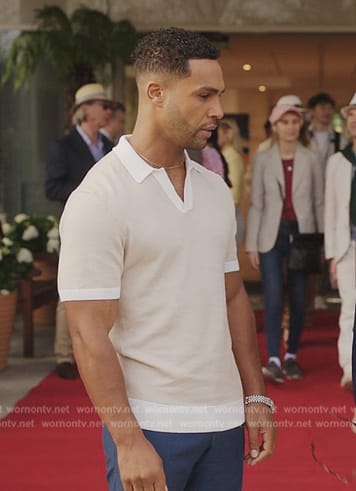 Alfie’s beige contrast trim polo on Emily in Paris