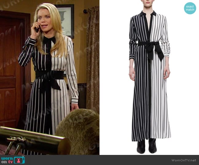 Alice + Olivia Chassidy Maxi Shirtdress in vertical palazzo stripe black worn by Catherina Greene (AnnaLynne McCord) on Days of our Lives