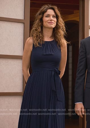 Amanda’s navy tie waist dress on Cobra Kai