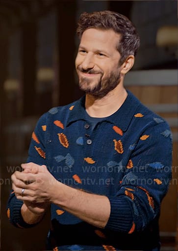 Andy Samberg’s blue leaf print polo sweater on Hart to Heart