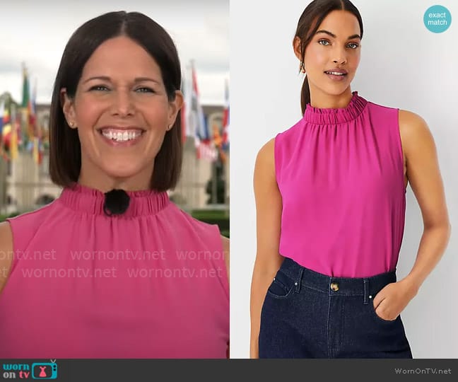 Ann Taylor Chiffon Mixed Media Ruffle Mock Neck Top worn by Dana Jacobson on CBS Mornings