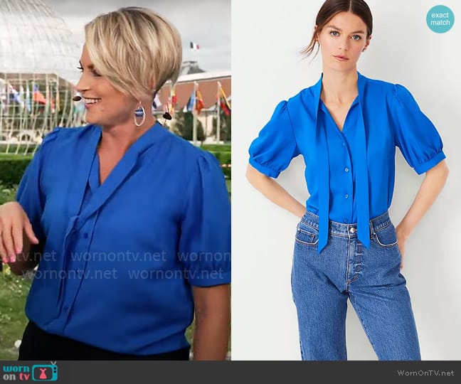 Ann Taylor Puff Sleeve Tie Neck Button Top worn by Jamie Yuccas on CBS Mornings