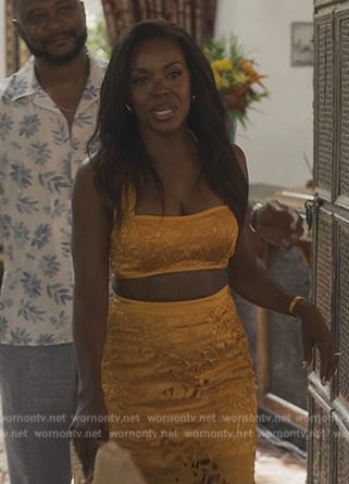 Annie’s yellow floral embroidered top and skirt on Bel-Air