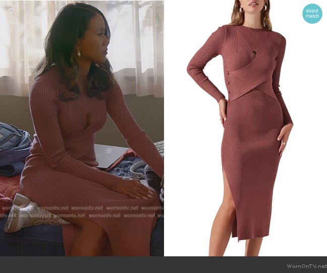 ASTR the Label Cutout Long Sleeve Ribbed Midi Sweater Dress worn by Keisha (Netta Walker) on All American Homecoming