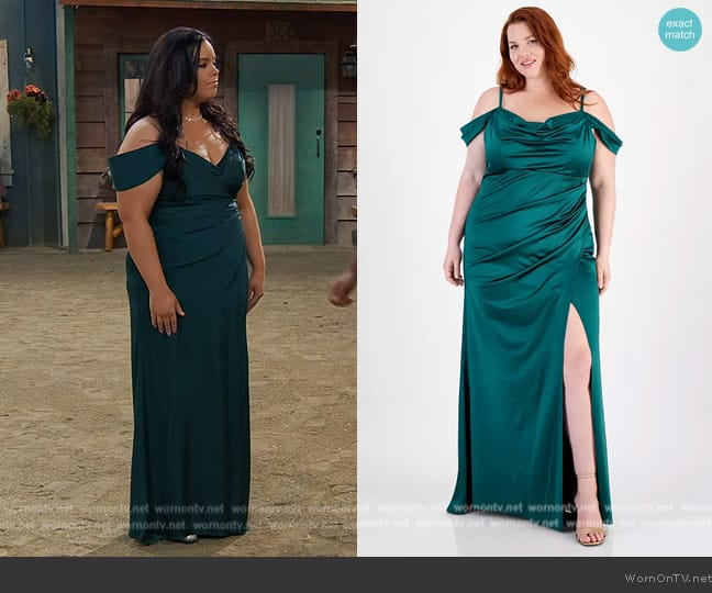 B Darlin Trendy Plus Size Off-The-Shoulder Satin Gown worn by Lou Hockhauser (Miranda May) on Bunkd